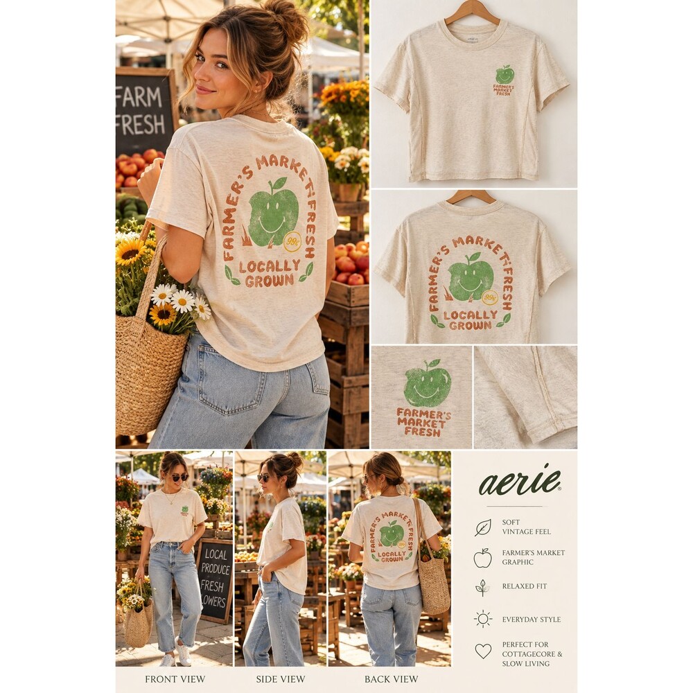 Aerie Farmers Market Fresh Apple Graphic Tee Oatmeal Cottagecore Size XS